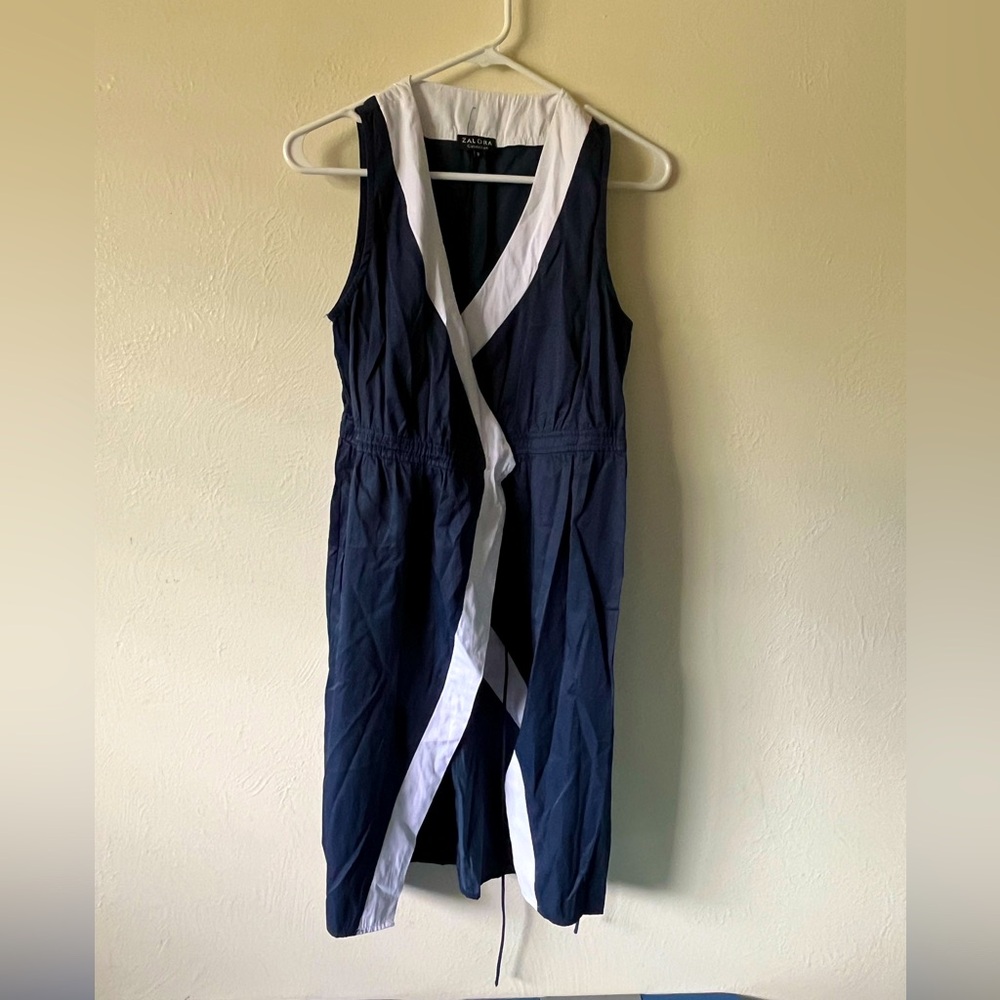 Zalora Navy And White Sleeveless Wrap Dress